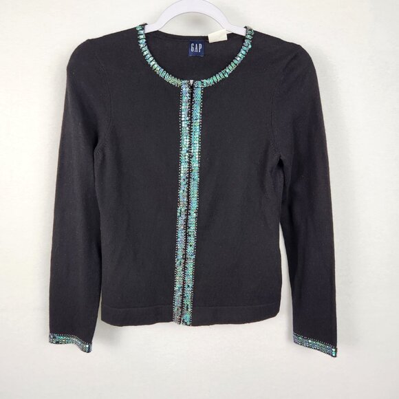 GAP Sequined Cardigan Angora Wool Cotton Blend Size S Black Blue - Picture 3 of 8